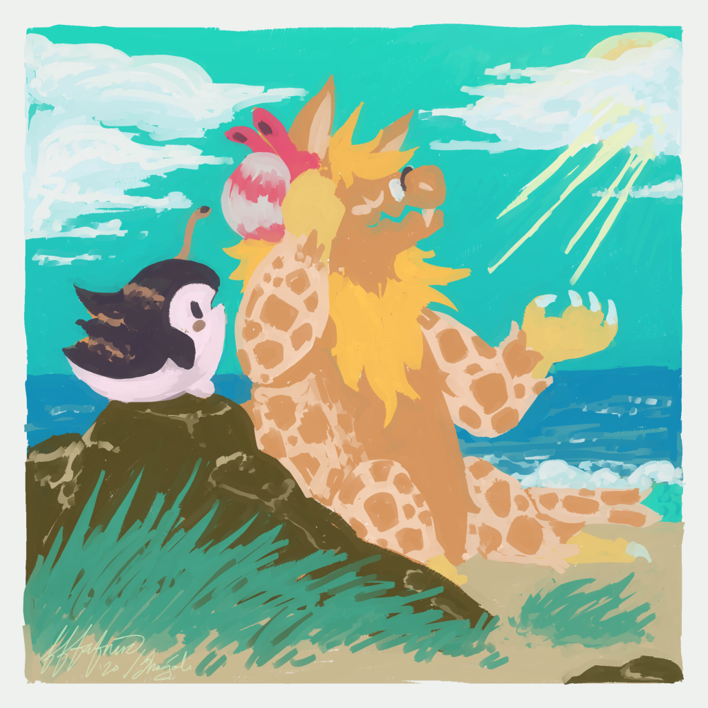 Painting of a small penguin watching a large dragon who’s listening to a hermit crab as if it were a phone. Made for the Ranebopets ARPG’s Sunnyfest 2020 event.