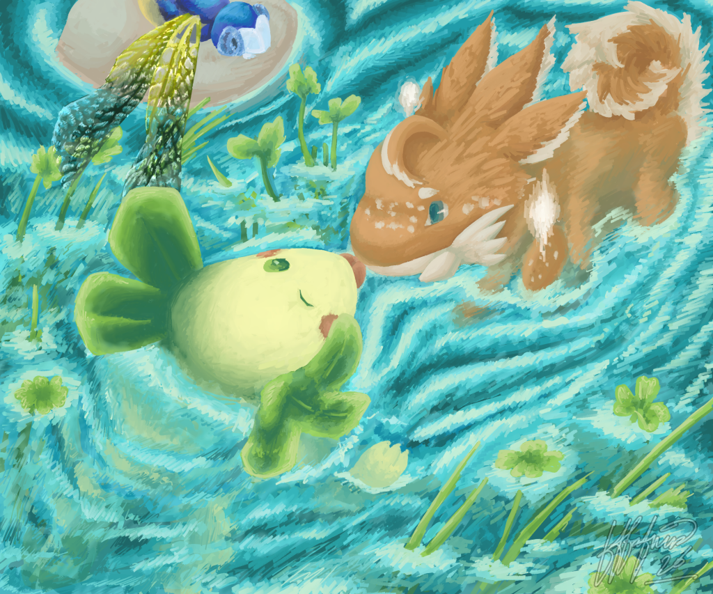 Painting of two small creatures wading in a clover-filled pond. Made for the Ranebopets ARPG’s Cloventine’s 2020 event.